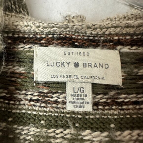 Lucky Brand Cardigan Sweater Women L Green Tan Tribal Hooded Open Front Chunky - Picture 4 of 6